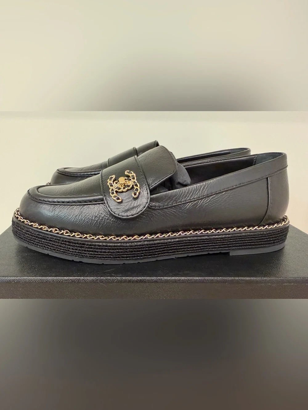 CHANEL Loafers in Black Leather w/ Gold Chain accents; Size 36